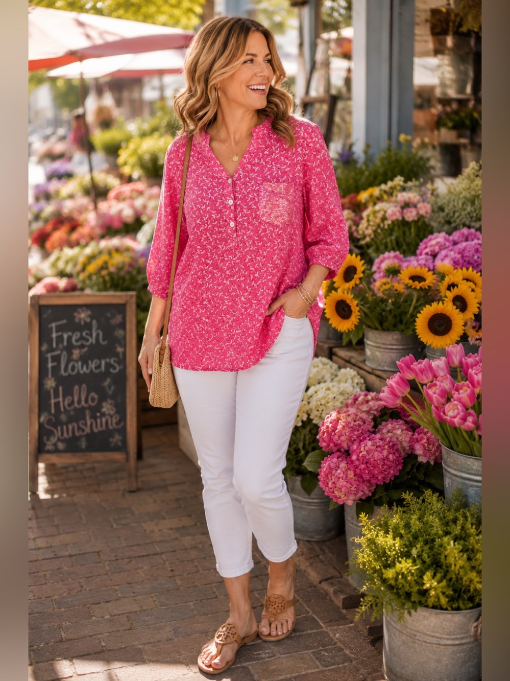 Bright Pink Sequin Pocket Button‎ Henley Blouse Women’s L/XL Approx